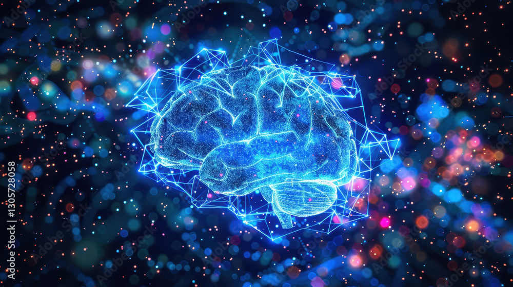 Poster glowing digital brain surrounded by colorful particles and geometric shapes, representing technology