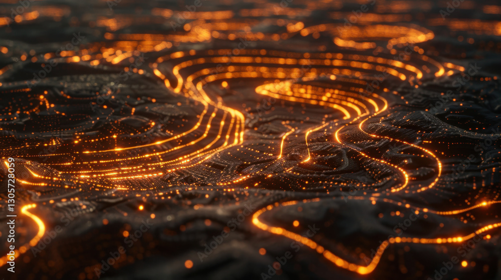 Poster mesmerizing abstract landscape featuring glowing orange lines and patterns, resembling digital terra