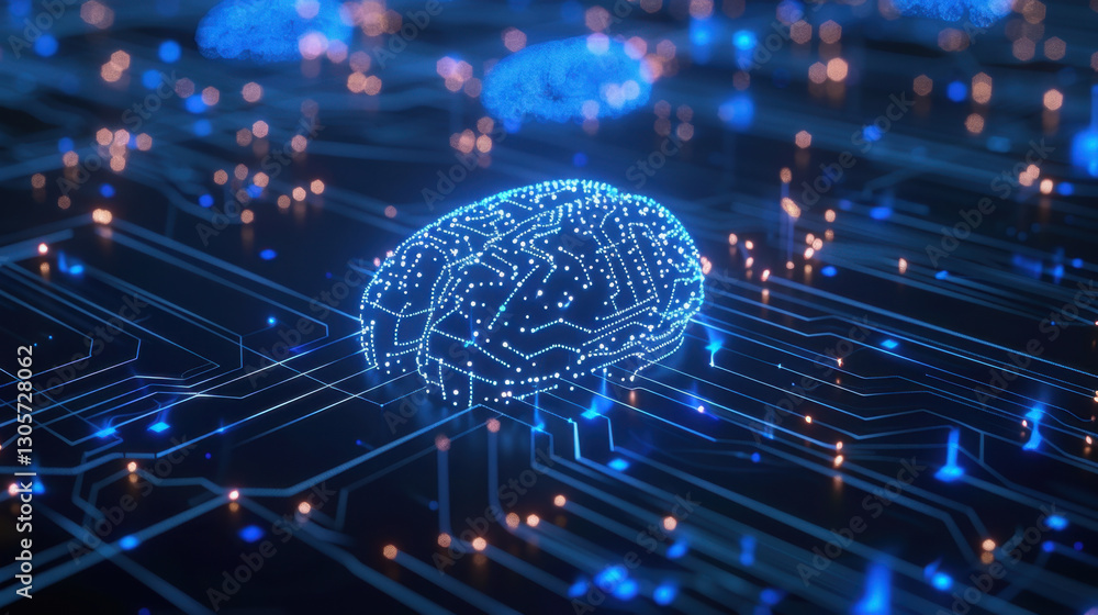 Poster digital brain surrounded by glowing circuits, symbolizing artificial intelligence and technology. in