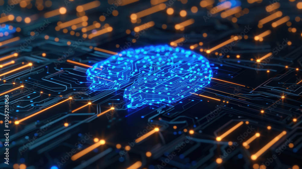 Poster digital representation of brain with circuit patterns, symbolizing artificial intelligence and techn