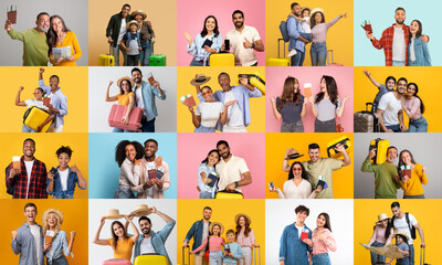 Groups of families and couples display their travel gear and excitement for upcoming adventures. Each person shares joy, reflecting active lifestyles that celebrate vacations and journeys together.