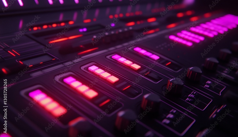 Aufkleber close-up of a futuristic music mixing console with illuminated controls and knobs.