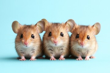 Cute trio of small furry mice sitting together on a light blue background in a playful pose indoors
