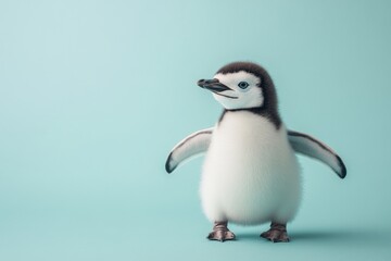Naklejka premium Adorable penguin chick standing on a light blue background showcasing its fluffy feathers and playful stance