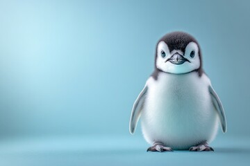 Cute baby penguin stands proudly on a light blue background during the day, showcasing its fluffy plumage and curious expression