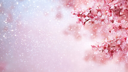 Delicate pink flowers blossoming on a tree branch during a gentle snowfall, creating a serene and magical springtime scene