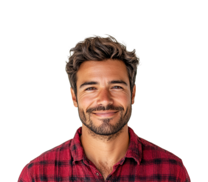 Smiling man portrait front view confidence and happiness isolated on transparent background