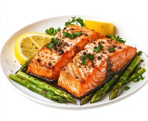 Delicious grilled salmon with asparagus and lemon home kitchen food photography bright and fresh top view healthy eating