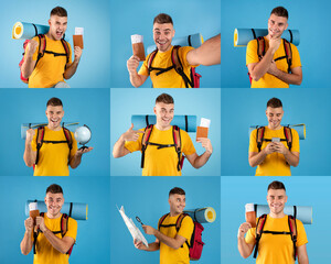 A joyful traveler displays his excitement in a collage, engaging in activities like planning, showing gear, and preparing for his journey, set against a bright blue background.