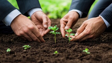 Business collaboration planting saplings, cultivating sustainable growth