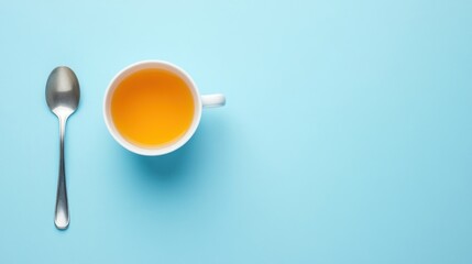 Aromatic Tea Cup and Spoon on a Light Blue Background