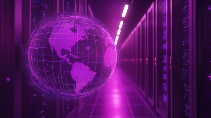 Fototapeta premium Global data network with server racks in a futuristic purple data center