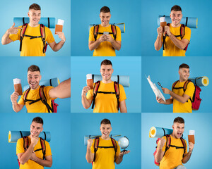 An enthusiastic traveler showcases different elements of adventure, holding a map, globe, and snacks. His bright yellow shirt and backpack highlight the joy of exploration and fun holidays.
