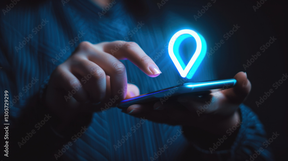 Aufkleber person using smartphone with glowing location pin icon, symbolizing navigation and technology. image