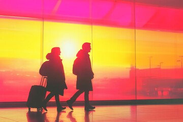 Silhouette of couple walking in airport terminal with luggage, sunset view.
