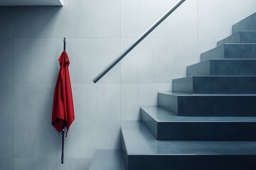 Red umbrella hangs on wall near modern gray staircase.