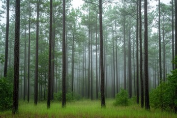 Obraz premium Foggy forest landscape featuring towering trees shrouded in mist.