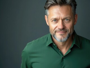 Mature male with short gray hair and well-groomed stubble, wearing green shirt against neutral background.
