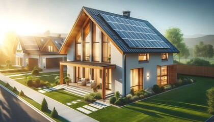 Obraz premium Modern suburban house with solar photovoltaic panels on roof, sustainable green living.