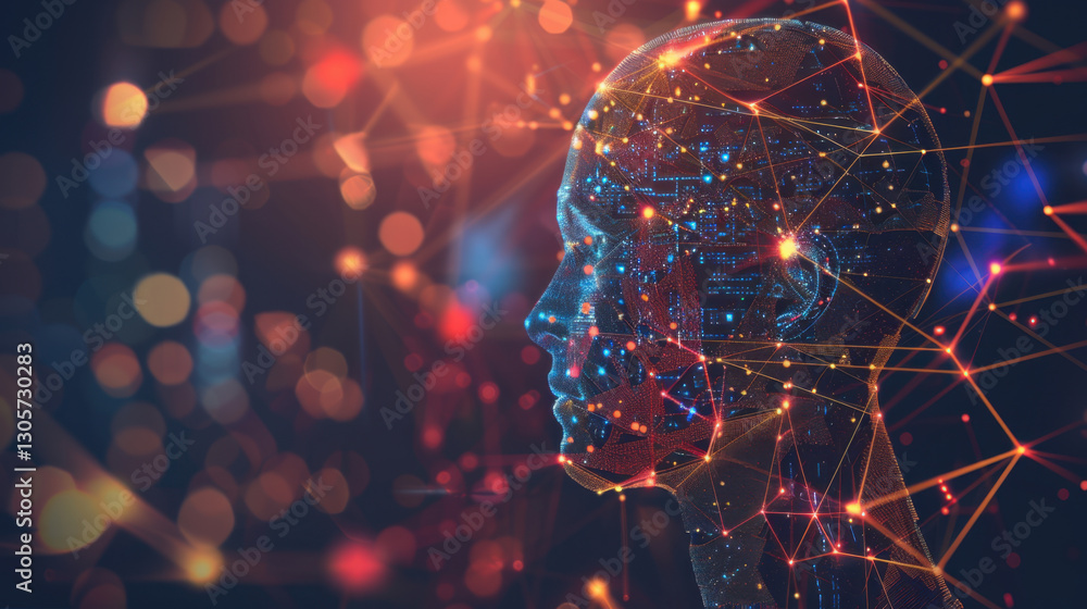 Poster digital representation of human head with glowing connections and circuits, symbolizing artificial i