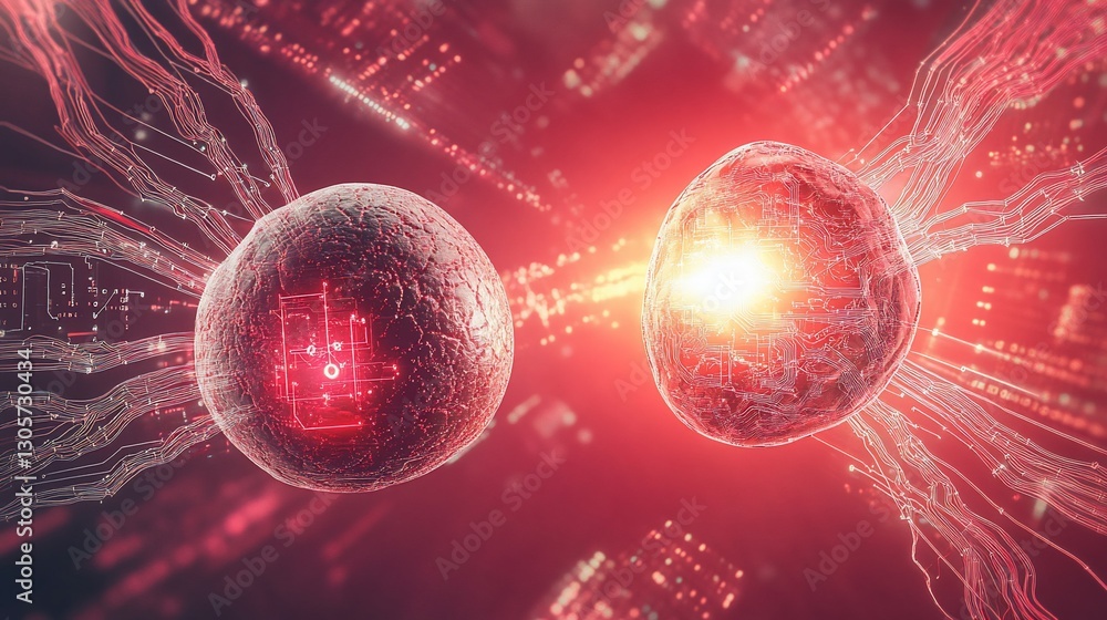 Poster two glowing cells connected by digital threads, representing data transfer or cellular communication