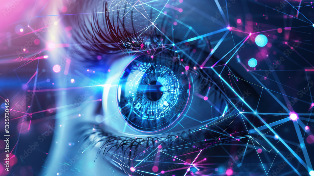 Poster close up of human eye with digital elements and vibrant colors, symbolizing technology and vision. e