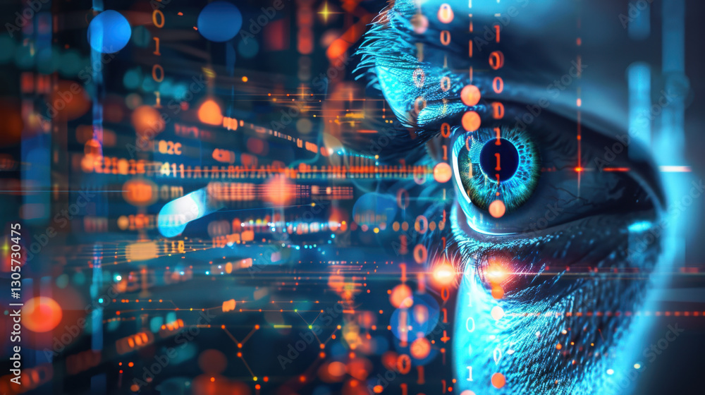 Poster close up of human eye surrounded by digital data and binary code, symbolizing technology and vision.