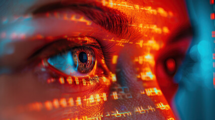 Close up of human eye with digital data projections, showcasing technology and innovation. vibrant colors create futuristic atmosphere, emphasizing connection between humanity and technology