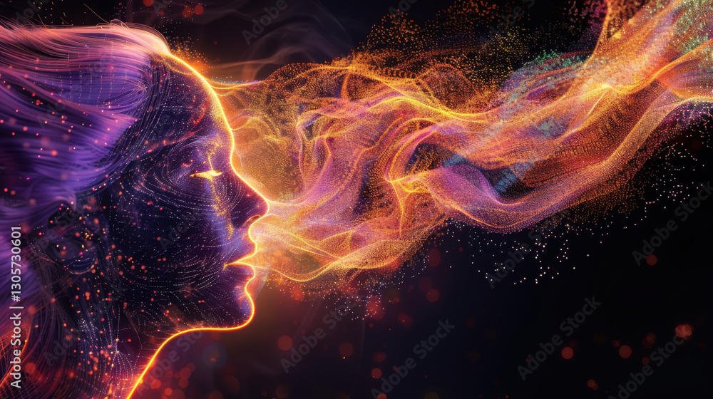 Poster abstract digital art depicting woman profile with colorful flowing lines representing thoughts and e