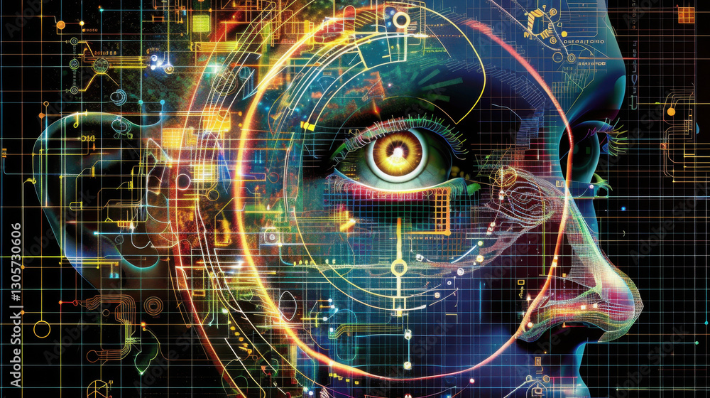 Poster futuristic digital face with circuit patterns and glowing elements, representing technology and arti