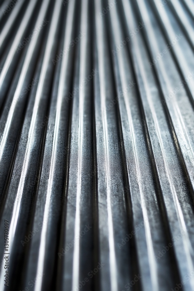 Poster close-up of parallel corrugated metal lines, showing texture and depth.