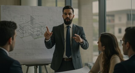 Architect presenting modern building design blueprint to clients in conference room