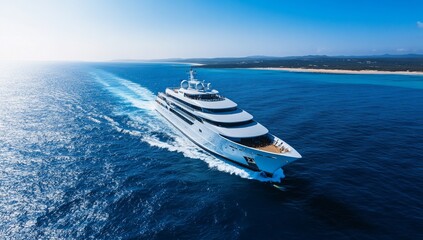 Luxury yacht speeding across a clear ocean, leaving a wake.