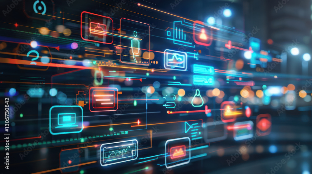 Poster vibrant digital interface showcasing various icons and data visualizations, symbolizing technology a