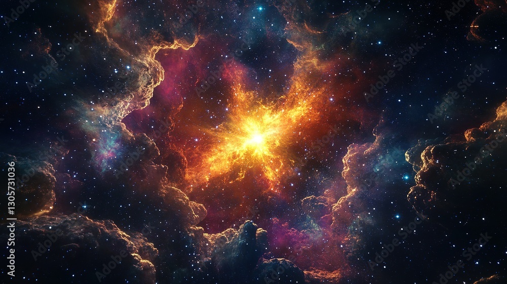 Wall mural bright star exploding in a colorful nebula, creating stunning cosmic scenery. ai generative