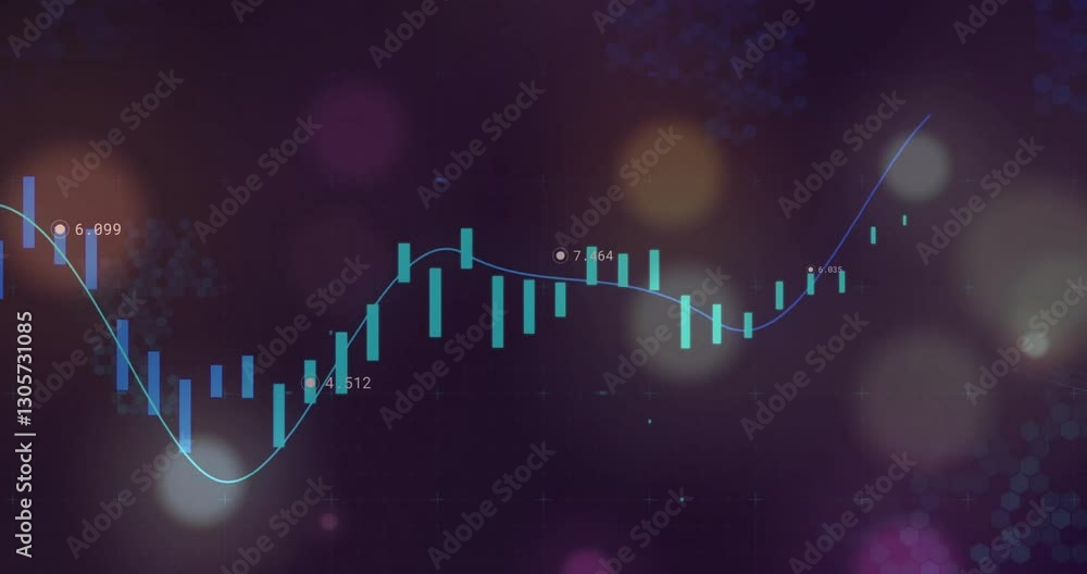 Poster glowing lines on financial data chart with bokeh lights in background animation