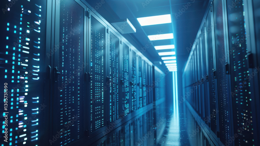 Poster futuristic data center with illuminated server racks and glowing lights creates high tech atmosphere