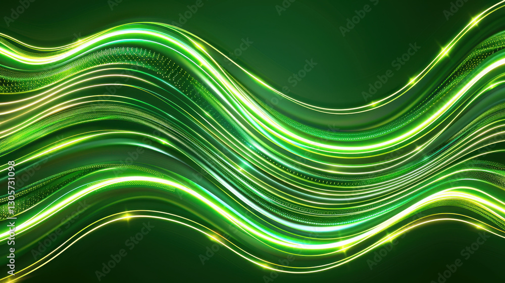 Poster abstract green wave pattern with glowing lines and light effects, creating dynamic and vibrant visua