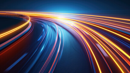 Dynamic light trails on curved road at night, showcasing vibrant colors and motion. scene captures energy and speed of urban life