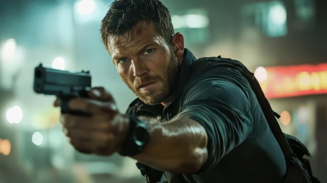 Person pointing with a weapon created with Generative AI