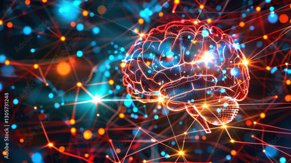Poster digital brain illustration with glowing connections and vibrant colors, representing neural networks