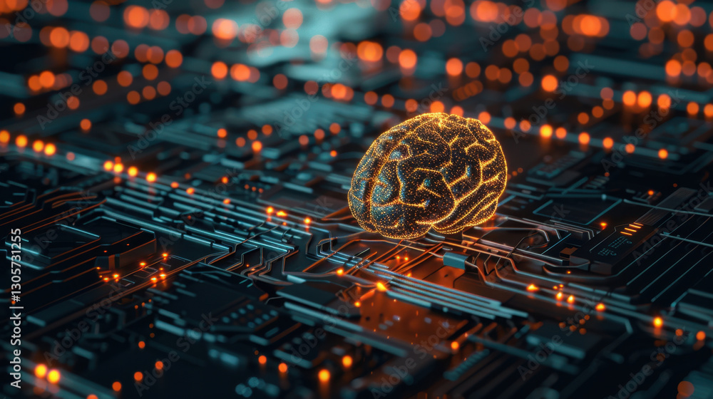 Poster digital brain on circuit board, symbolizing artificial intelligence and technology. glowing connecti
