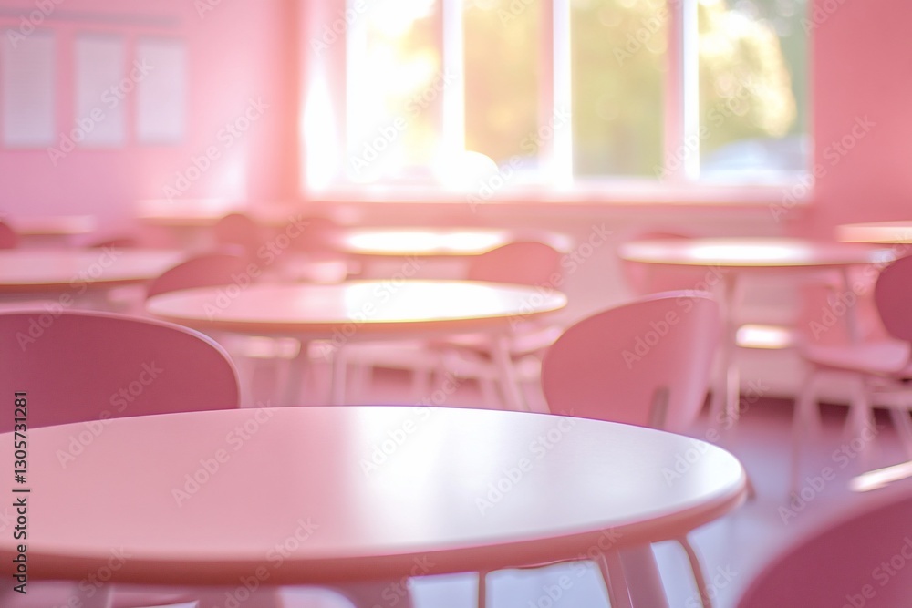 Poster sunlit pink classroom with many empty tables and chairs.