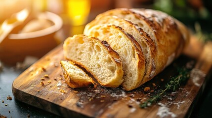 Artisan sourdough loaf slices on wooden board in warm light studio setup
