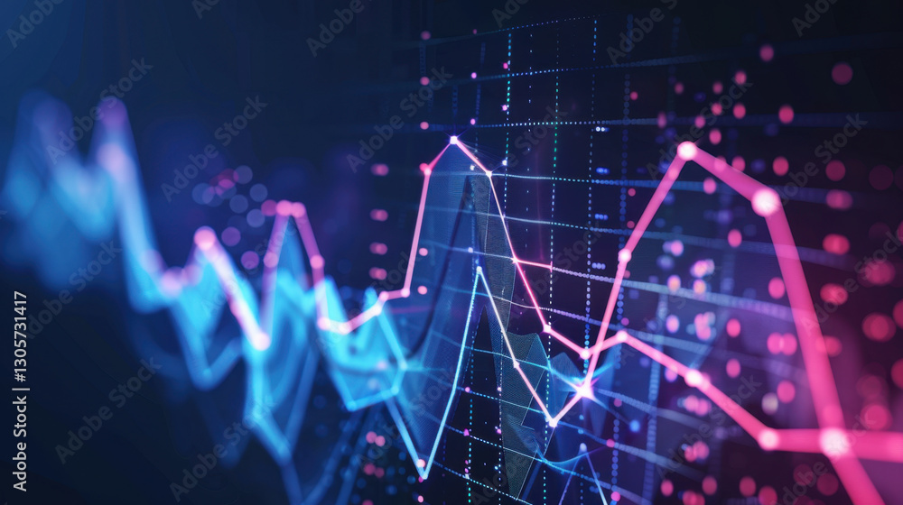 Poster colorful data visualization with vibrant lines and dots representing trends and statistics in digita