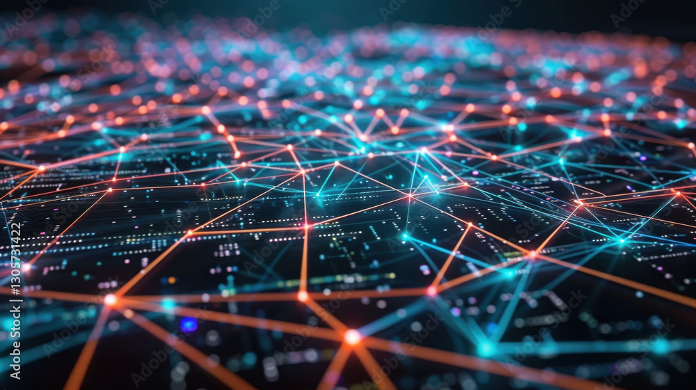 Poster vibrant digital network with interconnected lines and nodes, showcasing technology and data flow. gl