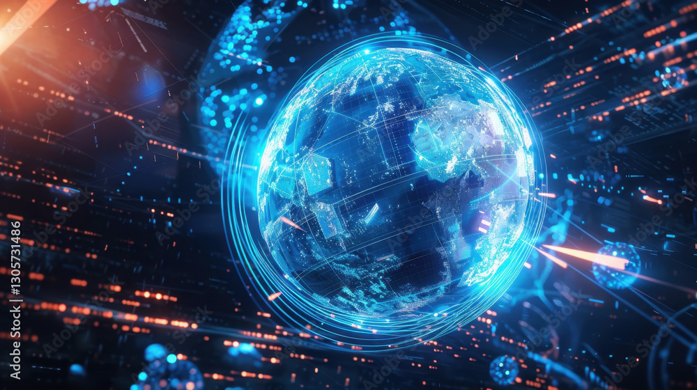 Poster futuristic digital globe with glowing lines and data streams, representing technology and connectivi