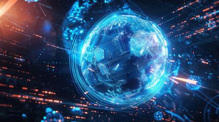 Futuristic digital globe with glowing lines and data streams, representing technology and connectivity in globalized world