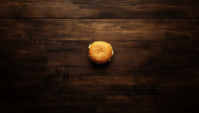 Top view of a small hamburger on a dark wooden surface.