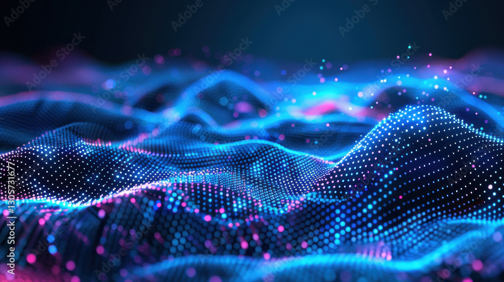 Poster vibrant digital landscape with flowing waves of blue and pink light, creating mesmerizing visual eff